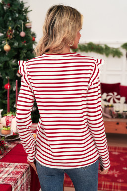 Red Striped Ruffle Shoulder Long Sleeve Top