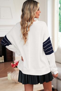 White Denim Patchwork Ribbed Round Neck Pullover Sweatshirt