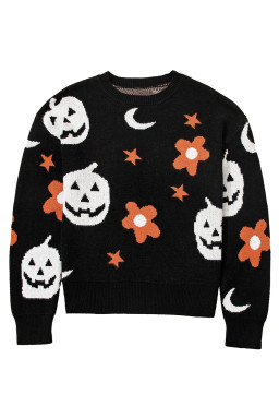 Black Halloween Mythical Night Pattern Drop Shoulder Sweater