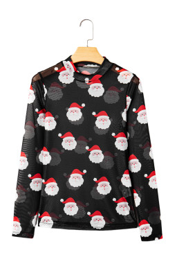Black Christmas Santa Claus Slim Fit Mesh Long Sleeve Top