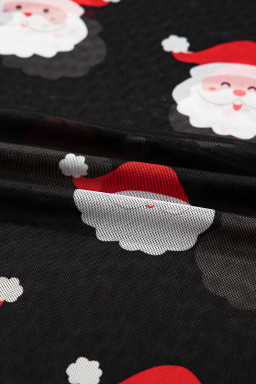 Black Christmas Santa Claus Slim Fit Mesh Long Sleeve Top