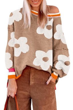 Smoke Gray Big Flower Pattern Contrast Striped Baggy Sweater