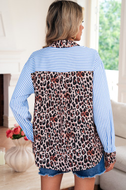Sky Blue Contrast Leopard and Stripes Button Up Shirt
