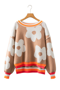 Smoke Gray Big Flower Pattern Contrast Striped Baggy Sweater