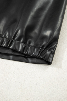 Black Double Flap Pocket Faux Leather Zip Up Stand Neck Vest