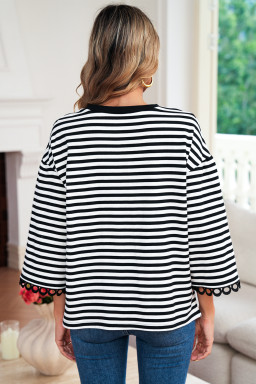 Black Striped Round Neck Contrast Lace Trim Bell Sleeve Top