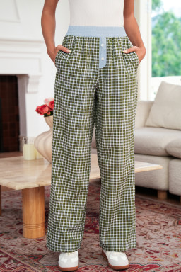 Brown Plaid Button High Waist Patchwork Pants