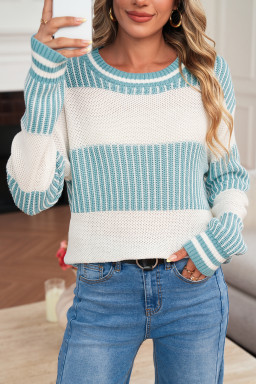Light Blue Two Tone Striped Patchwork Drop Shoulder Sweater