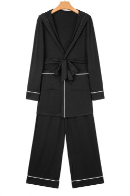 Black Contrast Trim Hooded Lounge Cardigan and Pants Set