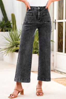 Black Chic Patch Pocket Straight Leg Loose Jeans