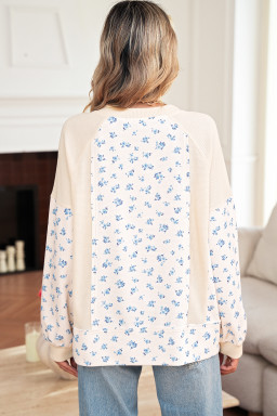 Beige Floral Print Waffle Patchwork Balloon Sleeve V Neck Oversized Top