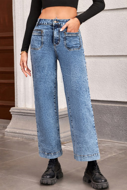 Blue Chic Patch Pocket Straight Leg Loose Jeans