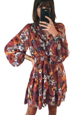 Red Floral Print Wrap V Neck Puff Sleeve Flowy Mini Dress