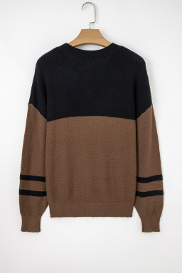Dark Brown Colorblock Striped Sleeve Detail Knit Sweater