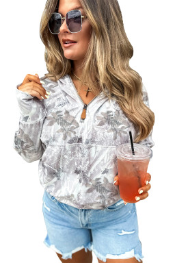 Gray Camo Leaf Print Kangaroo Pocket Quarter Zip Hoodie