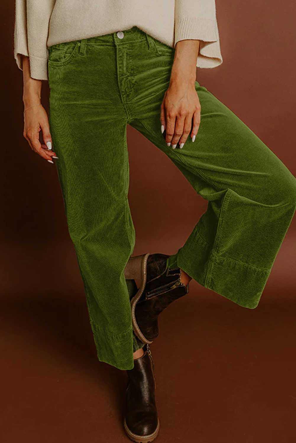 Vineyard Green Corduroy Solid Color High Waist Wide Leg Pants