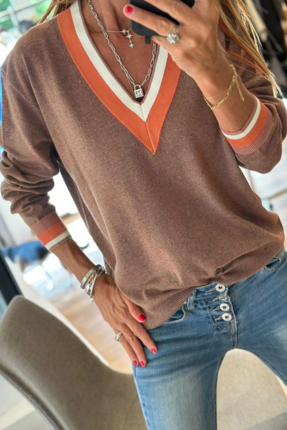 Pre-Order Green Contrast Striped Trim V Neck Varsity Sweater