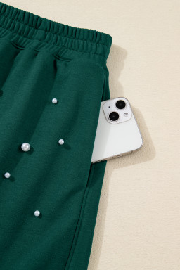 Dark Green Pearl Embellished Drop Shoulder Pullover Elastic Waist Mini Skirt Set