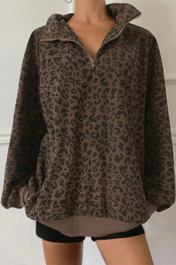 Brown Leopard Print Quarter Zip Corduroy Sweatshirt