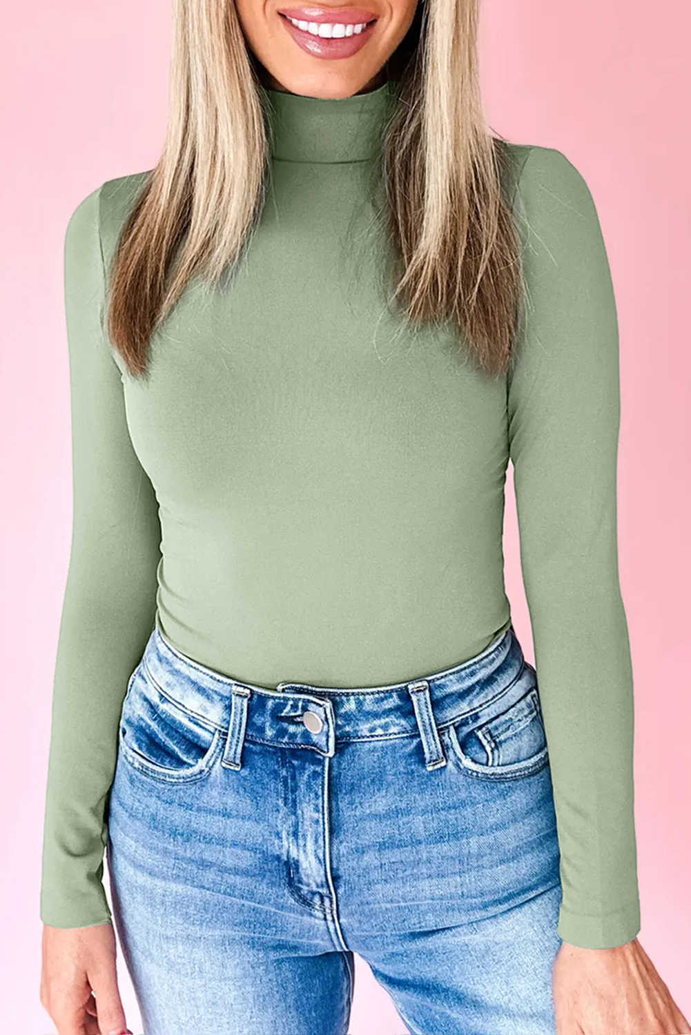 Green Bay Slim Fit High Neck Long Sleeve Basic Top