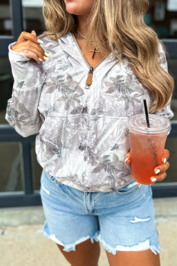 Gray Camo Leaf Print Kangaroo Pocket Quarter Zip Hoodie