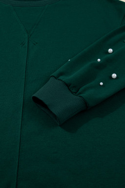 Dark Green Pearl Embellished Drop Shoulder Pullover Elastic Waist Mini Skirt Set