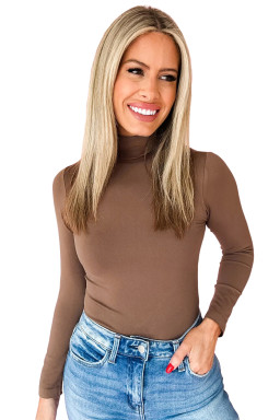 Coffee Slim Fit High Neck Long Sleeve Basic Top