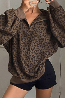 Brown Leopard Print Quarter Zip Corduroy Sweatshirt