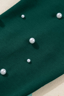 Dark Green Pearl Embellished Drop Shoulder Pullover Elastic Waist Mini Skirt Set