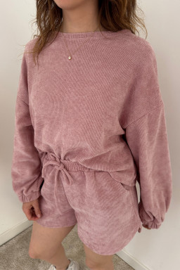 Fushia Textured Knit Drop Shoulder Pullover Drawstring Shorts Set