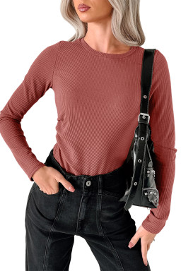 Mineral Red Ribbed Long Sleeve Crew Neck Solid Color Bodysuit