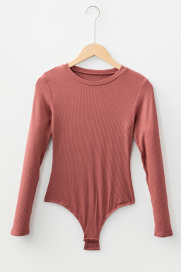 Mineral Red Ribbed Long Sleeve Crew Neck Solid Color Bodysuit