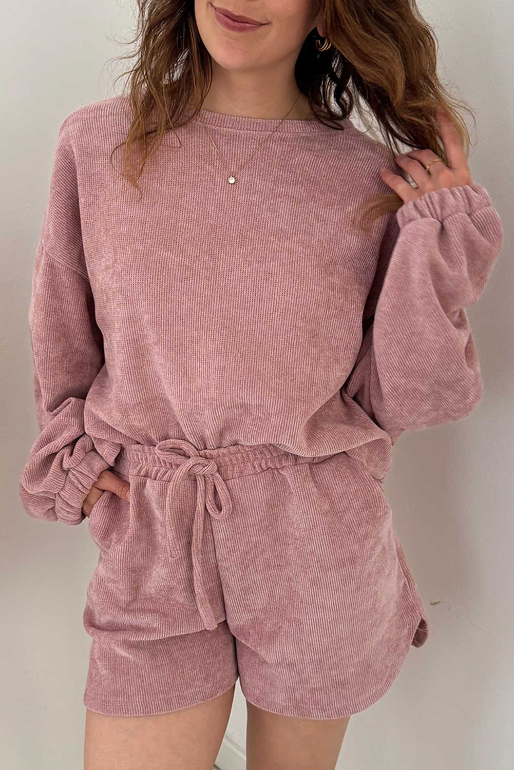 Fushia Textured Knit Drop Shoulder Pullover Drawstring Shorts Set