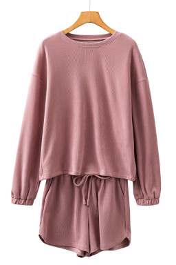 Fushia Textured Knit Drop Shoulder Pullover Drawstring Shorts Set