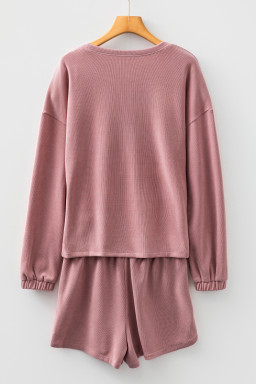 Fushia Textured Knit Drop Shoulder Pullover Drawstring Shorts Set