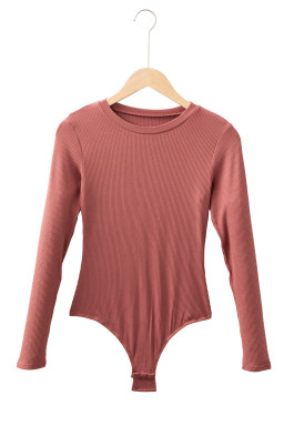 Mineral Red Ribbed Long Sleeve Crew Neck Solid Color Bodysuit