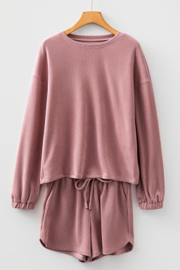 Fushia Textured Knit Drop Shoulder Pullover Drawstring Shorts Set