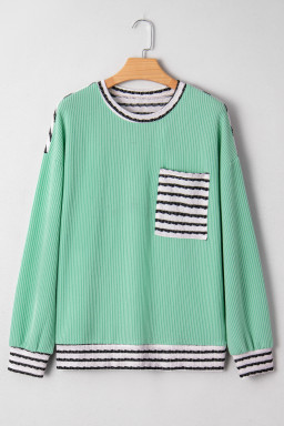 Sea Green Twisted Ribbed Contrast Round Neck Striped Patchwork Long Sleeve Top