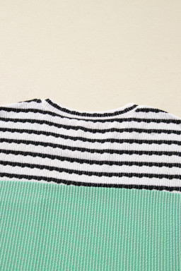 Sea Green Twisted Ribbed Contrast Round Neck Striped Patchwork Long Sleeve Top