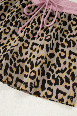 Pink Leopard Print Contrast Edge Long Sleeve Pullover Shorts Set