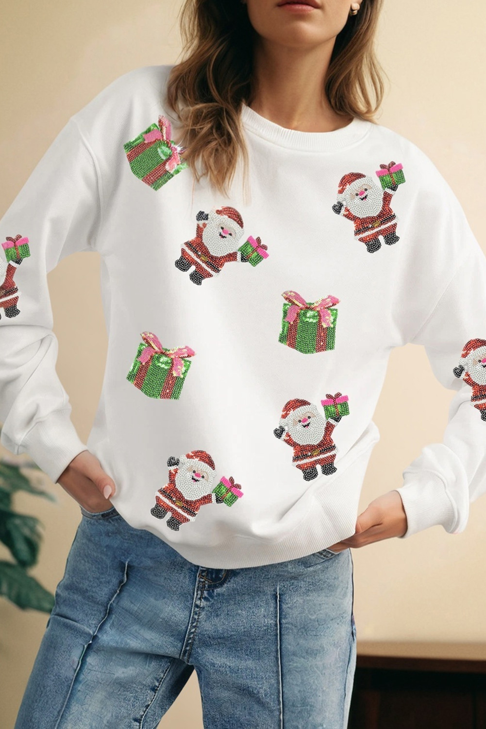White Santa Delivering Gifts Christmas Sequin Graphic Sweatshirt