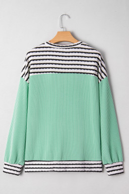 Sea Green Twisted Ribbed Contrast Round Neck Striped Patchwork Long Sleeve Top