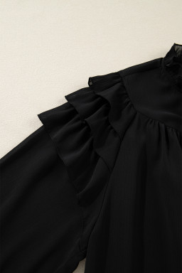 Black Ruffle Balloon Sleeve Chiffon Elegant Plus Size Shirt