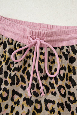Pink Leopard Print Contrast Edge Long Sleeve Pullover Shorts Set