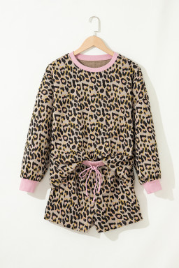 Pink Leopard Print Contrast Edge Long Sleeve Pullover Shorts Set