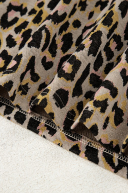 Pink Leopard Print Contrast Edge Long Sleeve Pullover Shorts Set