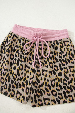Pink Leopard Print Contrast Edge Long Sleeve Pullover Shorts Set