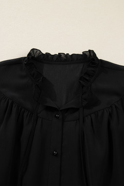 Black Ruffle Balloon Sleeve Chiffon Elegant Plus Size Shirt