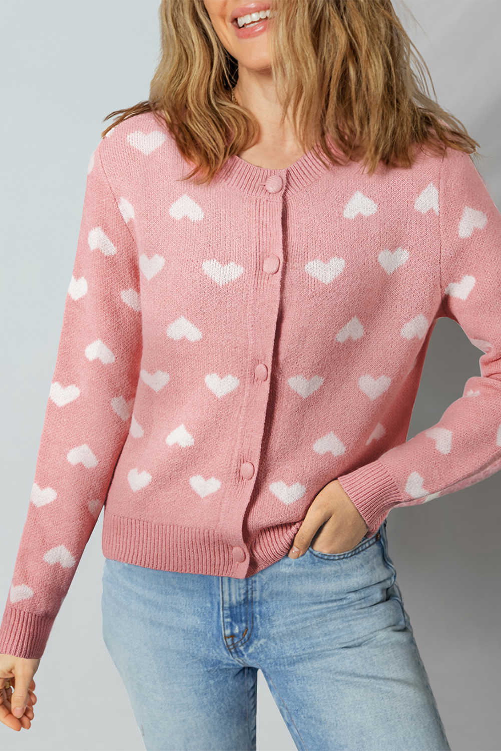 Light Pink Heart Pattern Button Front Cardigan Sweater