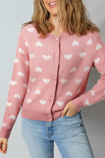 Light Pink Heart Pattern Button Front Cardigan Sweater